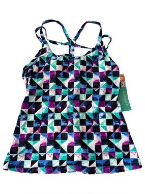Krista Sport by Christina Tankini Top Purple Teal Geometric‎ Print UPF 50+ XL